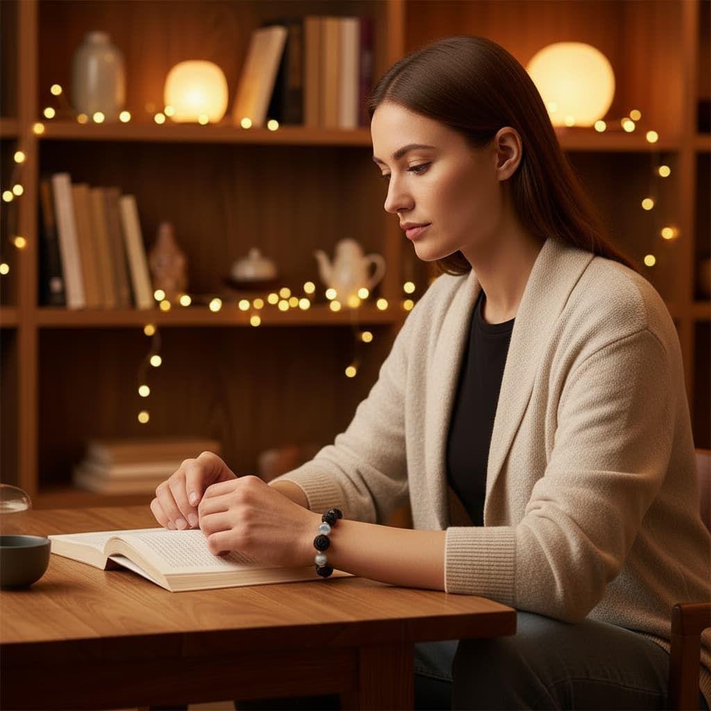 Lifestyle image showing the Zhiji Rose Companion Bracelet being worn during daily mindful moments like reading and relaxing.