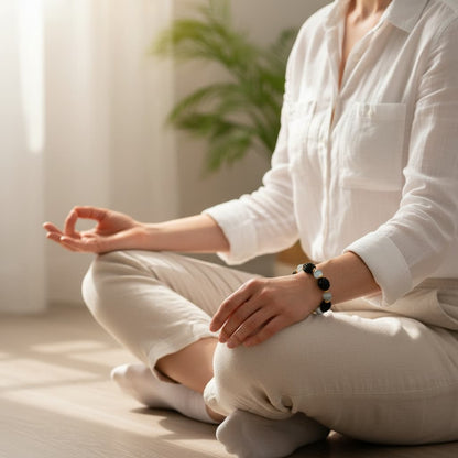 A person in meditation wearing the Zhiji Rose Companion Bracelet, using it as a tangible anchor to find inner balance and practice self-love.
