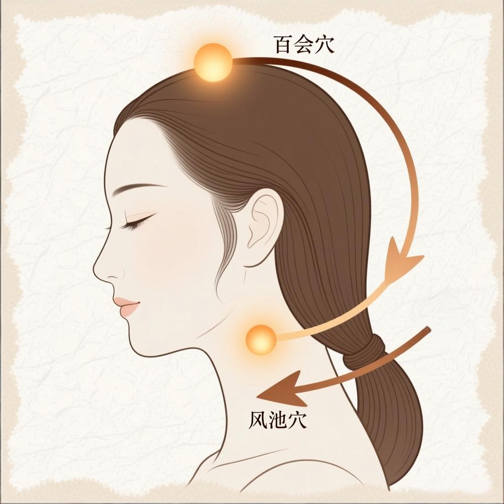 An illustrative guide showing the key acupressure points (Baihui and Fengchi) for the Zhiji Meridian Comb head spa ritual.