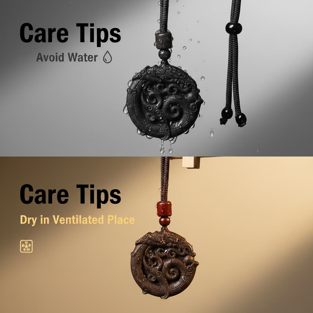 Care instructions for Zhiji herbal amulets: an icon indicating that the handcrafted pieces must be kept dry to preserve their integrity.