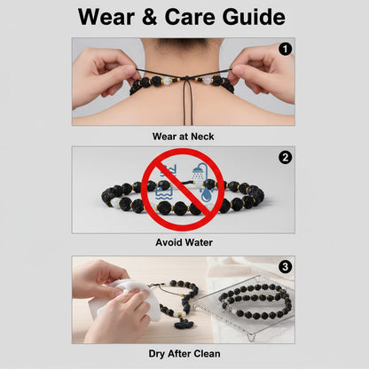 Care instructions for Zhiji herbal jewelry: an icon showing that the handcrafted herbal beads should be kept dry and away from water to preserve their integrity.
