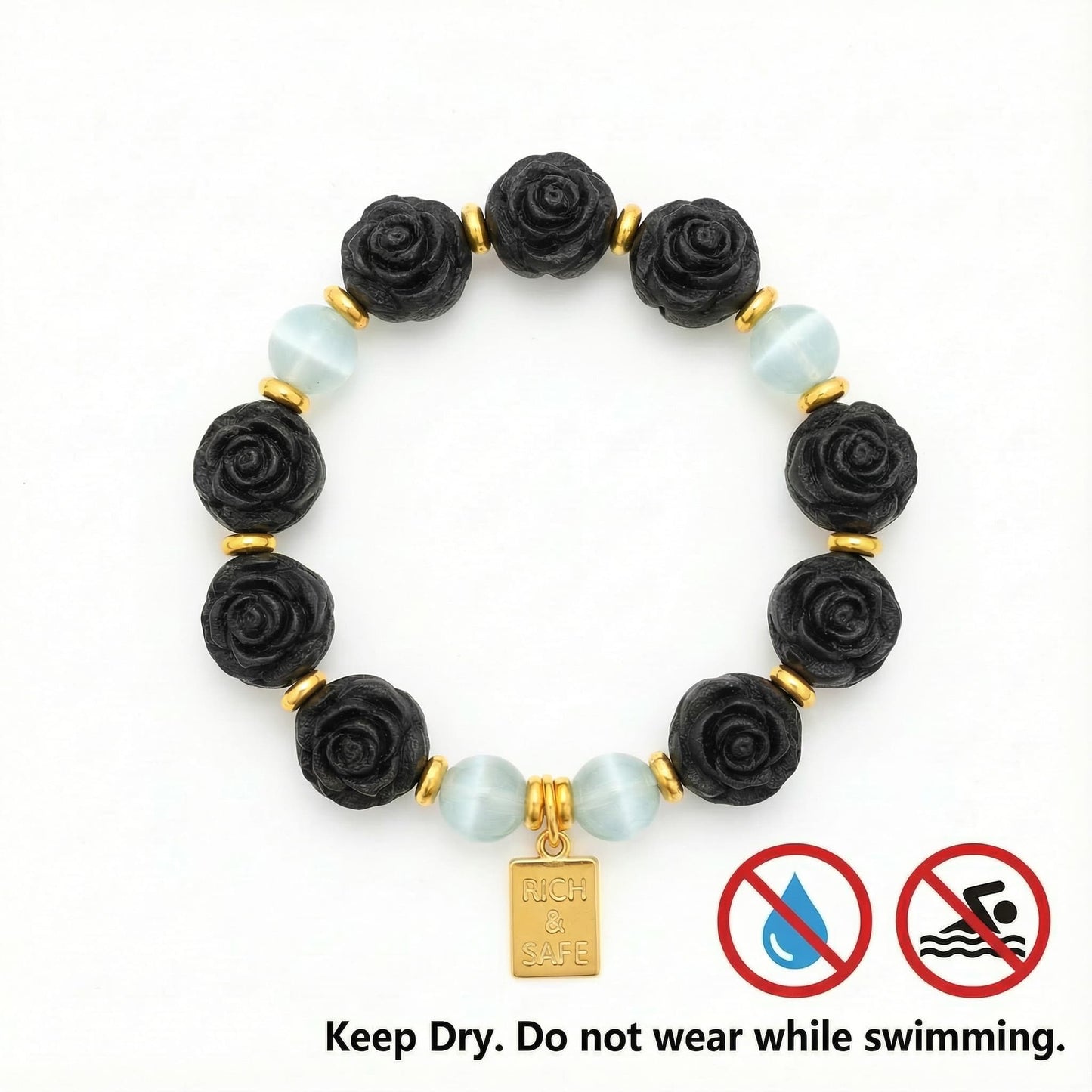 Care instructions for Zhiji herbal jewelry: an icon clearly indicating that the handcrafted herbal beads must be kept dry and away from water.