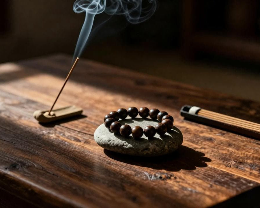 A handcrafted Zhiji herbal companion bracelet resting on a stone, symbolizing the journey to reclaim your inner balance. This piece of personalized energy jewelry is designed for modern life.