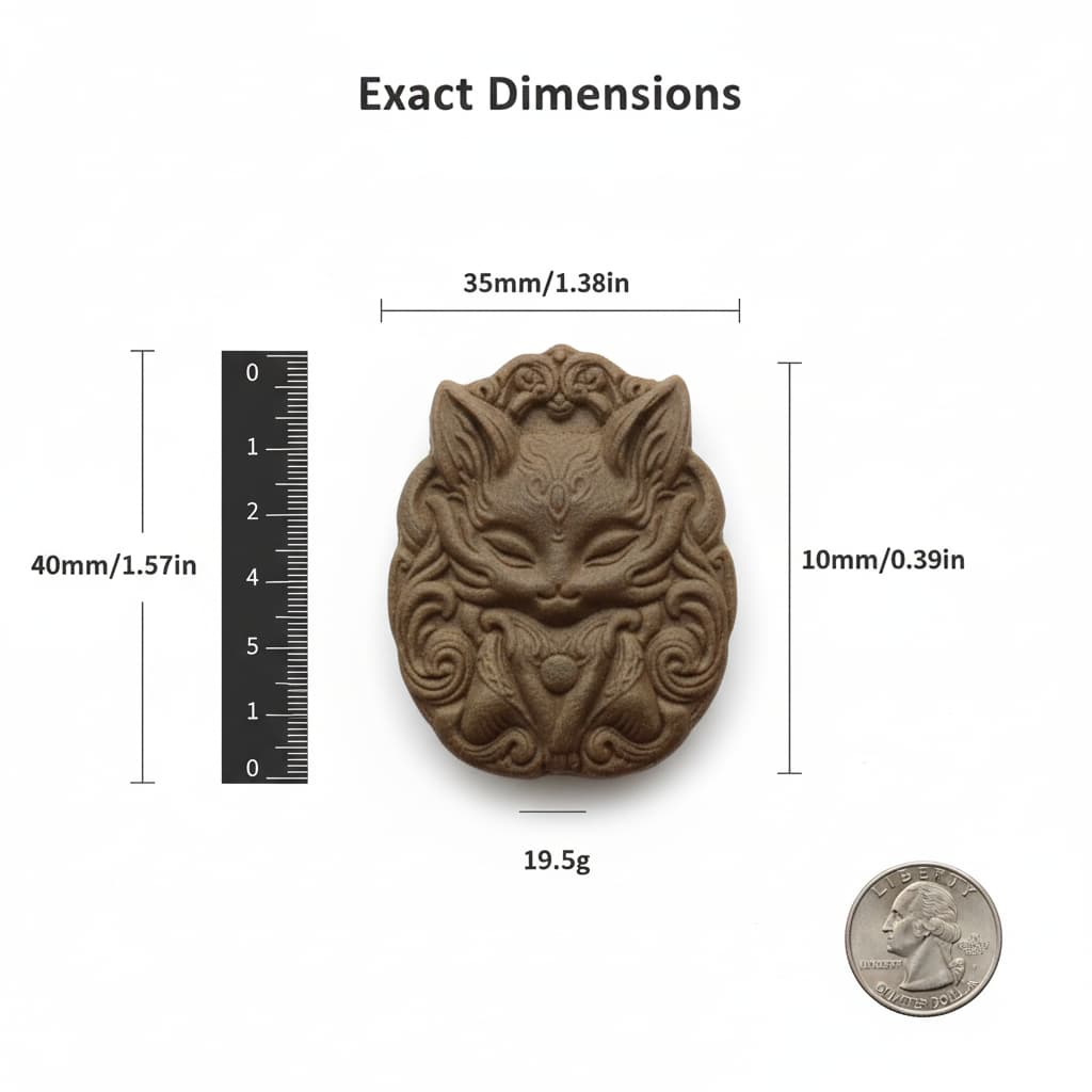 A diagram showing the precise dimensions (40mm x 35mm x 10mm) of the Kitsune Charm by Zhiji.