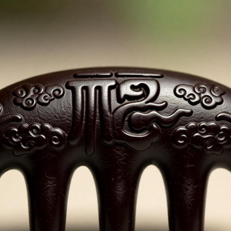 Macro detail shot of the auspicious cloud and 'Fu' (good fortune) carvings on the handcrafted Zhiji Meridian Comb.