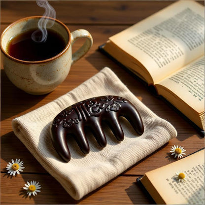 A serene lifestyle scene showing the Zhiji Meridian Comb as part of a daily wellness ritual with herbal tea and a book.