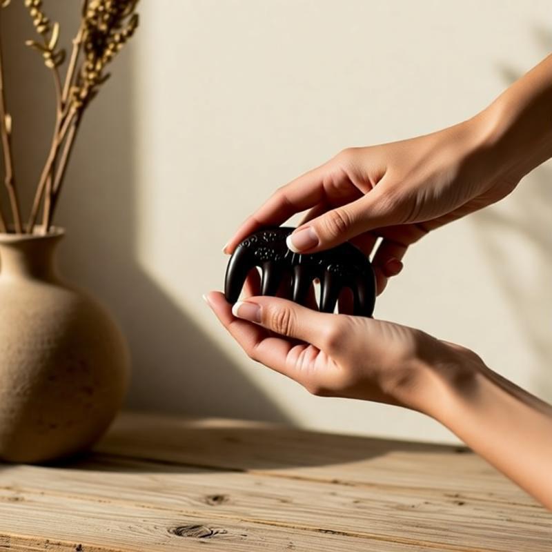 A hand holding the Zhiji Meridian Comb to show its scale and ergonomic design, ready for a mindful self-care moment.