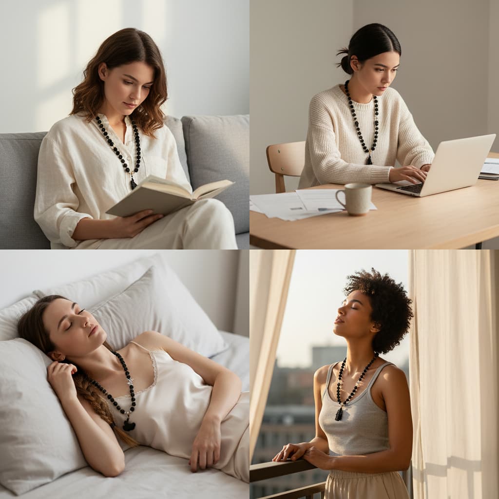 Four lifestyle scenes showing the Zhiji necklace being worn while reading, working, and relaxing, illustrating how it serves as a daily wellness companion.